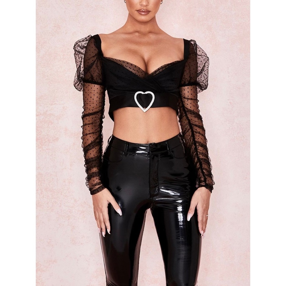 House of CB Clara Crop Top Womens Small Black Polka Dot Tulle Heart Buckle